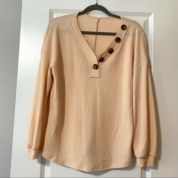 Tops - Light Peach long sleeve, V neck waffle knit top.